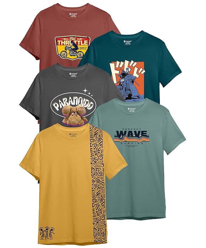 KYDA KIDS® Boys Cotton Blend Regular Fit Short Sleeve Printed Multicolor T-Shirts for Boys - (Pack of 5) Clothing T-Shirts