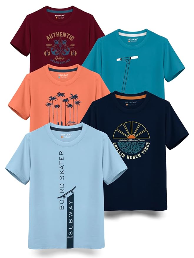 HELLCAT Boys Round Neck Printed Blended Cotton Tshirt -Combo Pack of 2 - Orange/Blue Clothing T-Shirts