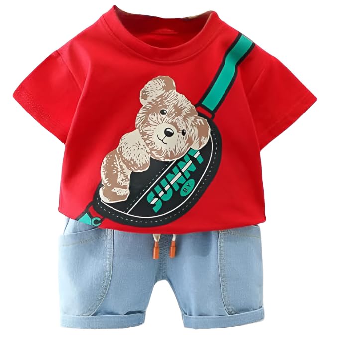 Googo Gaaga Boy's Cotton Printed T-shirt with Denim Shorts Set in Red Color Clothing T-Shirts