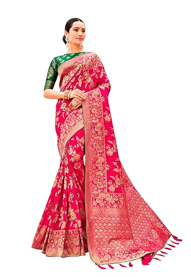 Monjolika Fashion Women's Banarasi Silk Blend Woven Zari With Tussles Saree and Jacquard Woven Blouse Piece (37765 color) Clothing Sarees