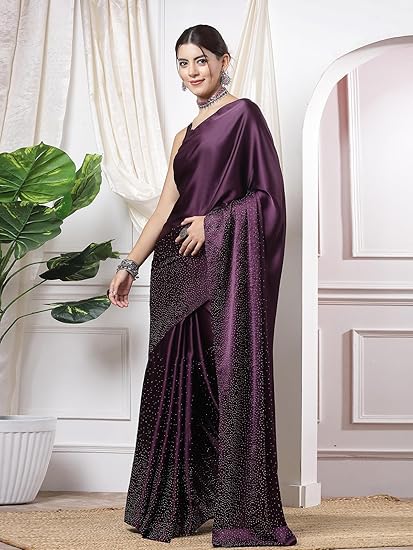 SIRIL Women's Satin Silk Hot Fixing Stone Work Saree with Unstitched Blouse Clothing Sarees