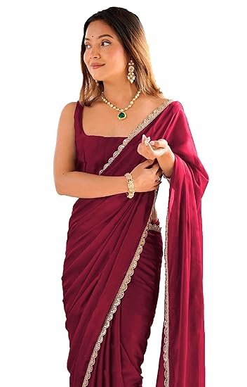 SHOPAZ Ready To Wear Saree For Women Maroon Georgette One Minute Readymade Stitched Scalloped Border With Unstitched Blouse Clothing Sarees