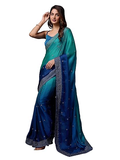 TRENDMALLS Women's Rangoli Silk Embroidery Siroski Work Double Shade Saree with Blouse Piece