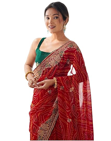 SIRIL Women's Georgette Bandhani Printed and Embroidery Saree with Unstitched Blouse Piece Clothing Sarees