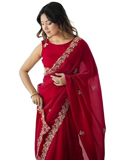 SIRIL Women's Tissue Silk Sequence Embroidery Scalloped Border Saree with Unstitched Blouse Piece Clothing Sarees
