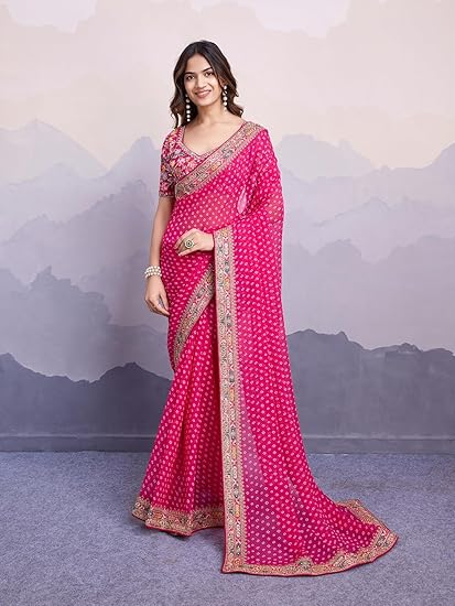 Ekasya Women Georgette Pink Geometric Pattern Printed Embroidery Saree with Unstitched Blouse (E6253_1) - Elegant and Intricate Embroidery Clothing Sarees