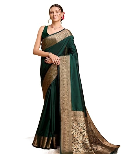 SWORNOF Women's Silk Kanjivaram Kanchipuram Saree With Blouse Piece Clothing Sarees