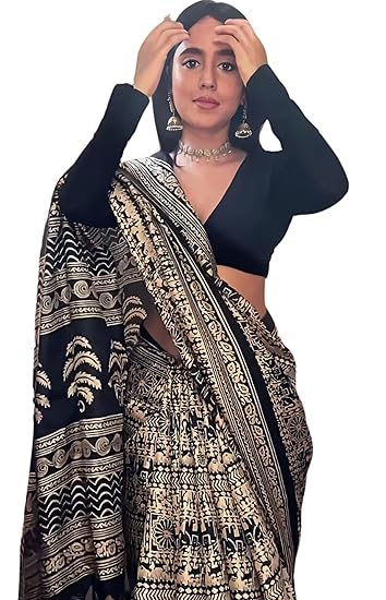 EthnicJunction Women's Art Silk Kalamkari Print Saree With Blouse Piece