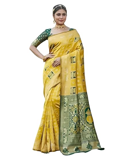 Yashika Women's Banarasi Kanjivaram Silk Woven Saree | Animal Printed Patola Silk Saree for Women Clothing Sarees