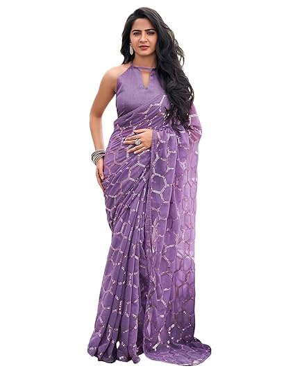 SIRIL Women's Piping & Sequence Embroidery Georgette Saree with Unstitched Blouse Piece Clothing Sarees