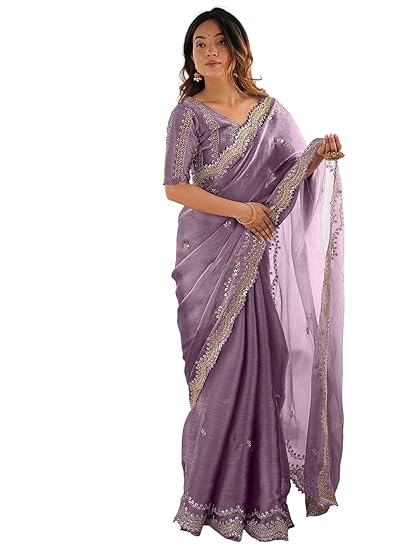 Satrani Women's Shimmer Chiffon Sequins Embroidery Saree with Unstitched Blouse Piece Clothing Sarees