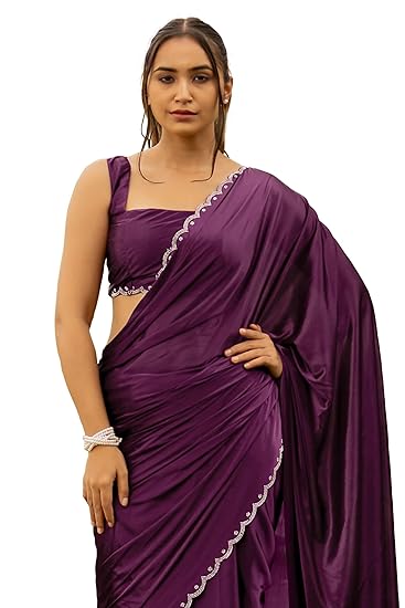 Subham Women's Silk Stone Work Farewell Plain Saree with Blouse Piece | Scalloped Cut Work Border Clothing Sarees