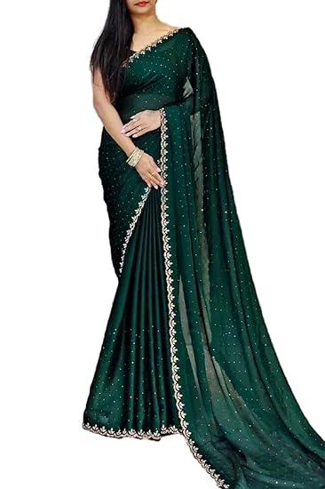 Women's Dailywear Georgette Stone Work Saree with Border & All-Over Stone Embellishments – Wedding Saree with Blouse Piece (5 Colors, 5.5m Saree + 0.8m Blouse) Clothing Sarees