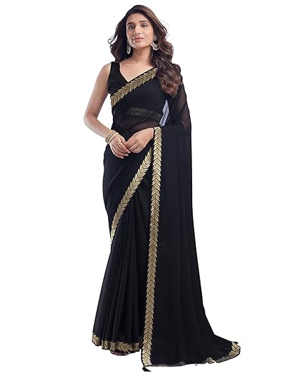 SIRIL Women's Georgette Lace Boarder Saree With Unstitched Blouse Piece Clothing Sarees