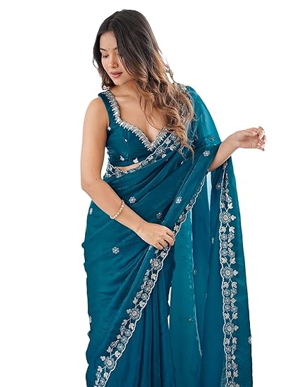 Satrani Women's Tissue Silk Scalloped Border Sequins Embroidery Saree with Unstitched Blouse Piece Clothing Sarees