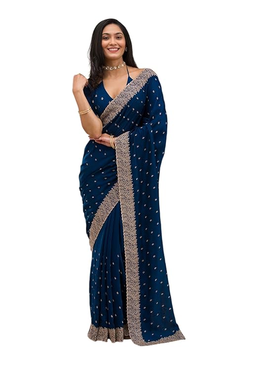 Yashika Women Vichitra Silk Saree with Embroidered Border with Unstitched Blouse Piece | Latest Sarees Bollywood Sari | New Sarees | Saree Blouse| Designer Saree (AZ-YS-OG-LADYQUEEN-Parent) Clothing Sarees