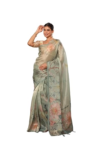Nature-Inspired Printed Tissue Organza Saree in Elegant Printed Border And Pallu Matching Blouse Lightweight, Sheer And Graceful Clothing Sarees