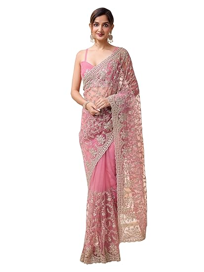 TRENDMALLS Women's Net Embroidery Saree with Blouse Piece Clothing Sarees