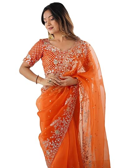 SIRIL Women's Organza Sequence Embroidery Saree With Unstitched Blouse Piece Clothing Sarees
