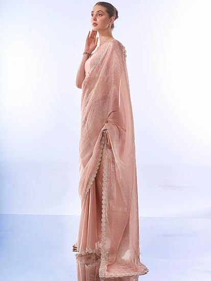 ORHANS Embellished Pure Chiffon Saree | Sequinned Pink Saree Fabric With Matching Blouse | Festive & Wedding Clothing Sarees