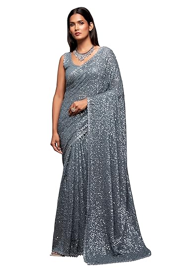 TRENDMALLS Women's Georgette Heavy Sequins Work Heavy Saree with Blouse (Latest-Sequins-Party-Saree) Clothing Sarees
