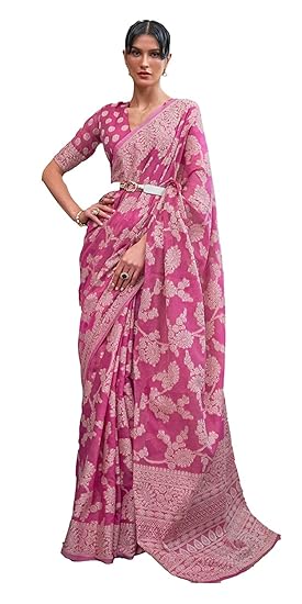 SWORNOF Women's Lucknowi Chikankari Linen cotton Woven Sarees For Women with Blouse sarees for Women Clothing Sarees