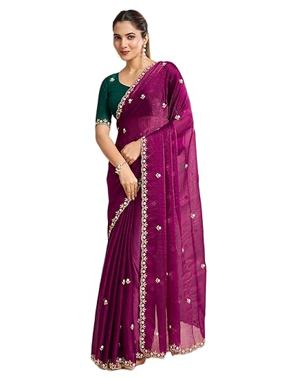 Womens Georgette Saree With Sequin Gota Patti Work In Leaf & Floral Pattern And Blouse 5.5 Meter Saree 0.8 Meter Unstitched Blouse Piece