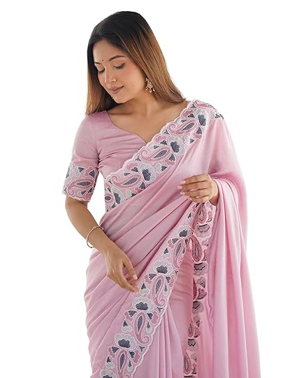 SIRIL Women's Silk Blend Embroidery Scalloped Border Saree With Unstitched Blouse Piece for Wedding and Parties Clothing Sarees