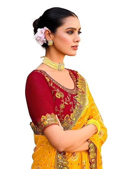 SIRIL Women's Bandhani Printed Georgette Sequence Lace Scalloped Border Saree with Unstitched Blouse Piece