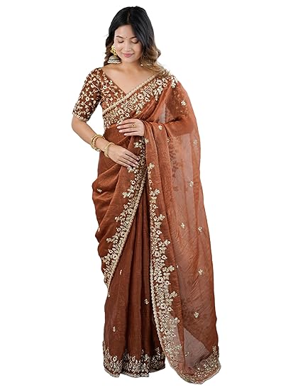 SAREE MALL Women's Brown Chiffon Embellished Saree With Unstitched Blouse Piece (AARYAN18601_KR) Clothing Sarees