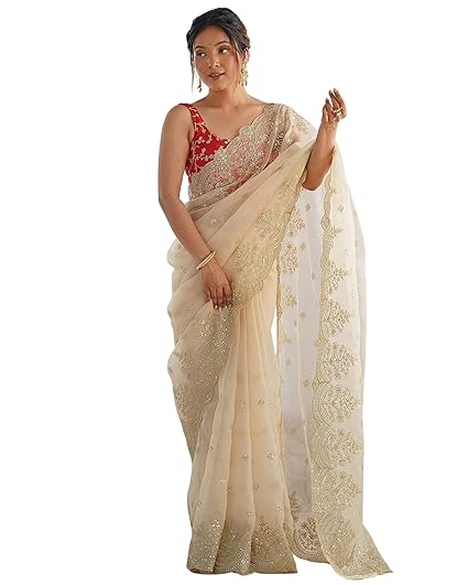 Peachmode Women's Cream Sequins Work Pure Organza Saree with Unstitched Blouse Piece | Latest Stylish Trendy Ladies Design New Sari Enthic Casual Office Wear Fancy Sarees for Women Free Size Clothing Sarees