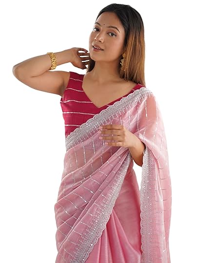 SIRIL Women's Shimmer Chiffon Sequence Embroidery Saree With Unstitched Blouse Piece for Wedding and Parties Clothing Sarees