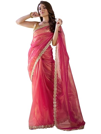 ORHANS Women's Organza Saree With Sequinned Embellished Border || Designer Saree For Wedding, Festival, Reception & Special Occasions || Includes Art Silk Matching Blouse Piece Clothing Sarees