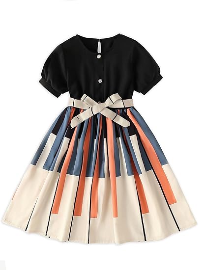Girls Geometric Print Dress for Kids, Fit and Flare, Round Neck, Frock for Girls (Black) Clothing Dresses