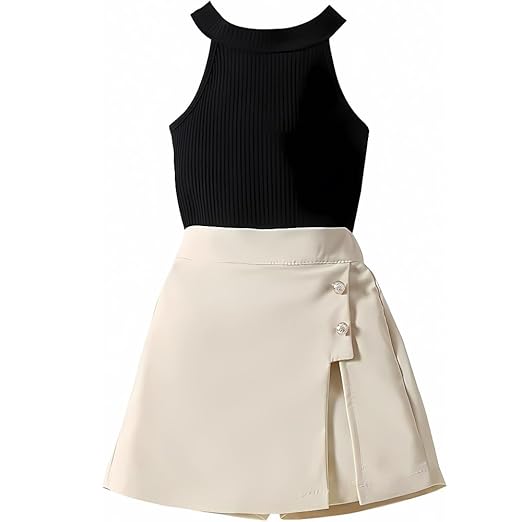 RIYANSHI Girls' Two-Piece Outfit Set with Black Ribbed Tank Top and Cream Skirt