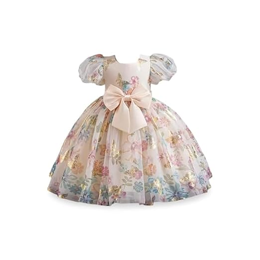 Niren Enterprise Baby Girls Fit And Flare Knee Length Gold Foil Butterfly Puff Sleeve Bowknot Princess Gown Dress for Special Occasions