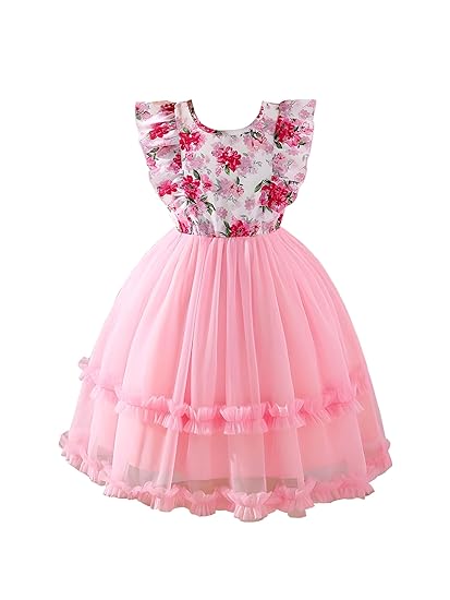 Niren Enterprise Buggu Net Flared Ruffle Sleeveless Baby Girl Frock with Floral Pattern and Round Neck A-Line Style Dress for Baby Girl Clothing Dresses