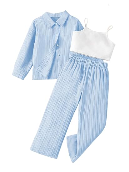 TAGAS Girl Casual Simple Style Camisole Top, Long Sleeve Shirt And Straight Pants || COORDINATED_OUTFIT FOR GIRLS ||3 Piece Set|| DRESS FOR GIRLS||(GCS-12) Clothing Dresses