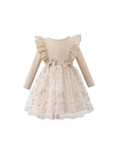 Tagas Girls' Dress|Elegant Beige Baby Girl Dress with Lace Ruffles & Floral Embroidery – Long Sleeve Princess Birthday Party Dress | Comfortable & Stylish Kids Wear| PartFrock for Kids | Clothing Dresses
