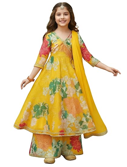Naixa Girls Rayon Fabric Floral Printed 3/4 Sleeve Sharara Dress Set For All Occasion salwar suit Clothing Dresses