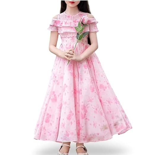 Niren Enterprise Girls Casual Floral Round Neck Cap Sleeves Fit and Flare Straight Full Length Gown Dress Clothing Dresses