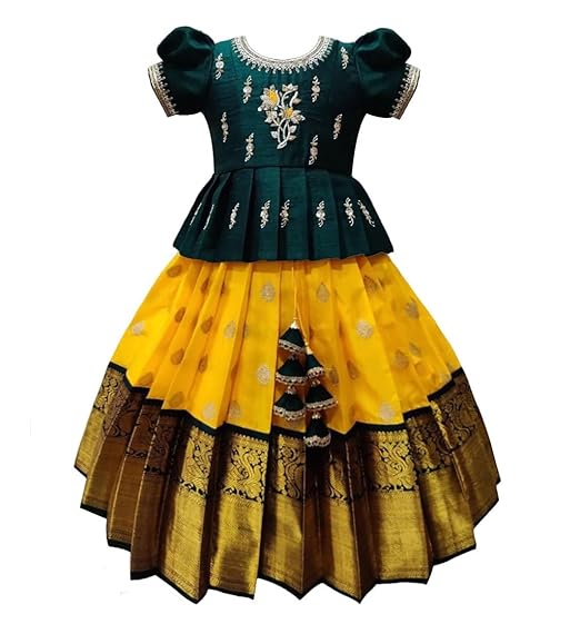 White Button Girls Jacquard New South Indian Traditional Pattu Pavadai Jecquard Readymade Lehenga Choli