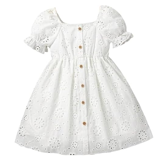 Niren Enterprise Girl's A-Line Knee Length Cotton Eyelet Embroide Dress with Puff Sleeves, Floral Pattern, and Square Neckline