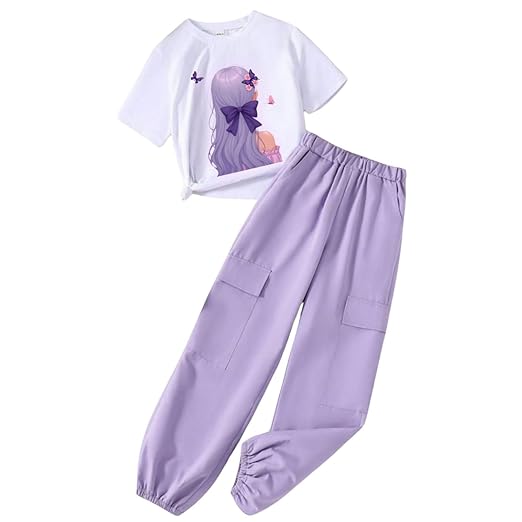 Girls' Cotton Blend Stylish Printed T-Shirt & Comfortable Cargo Joggers Set