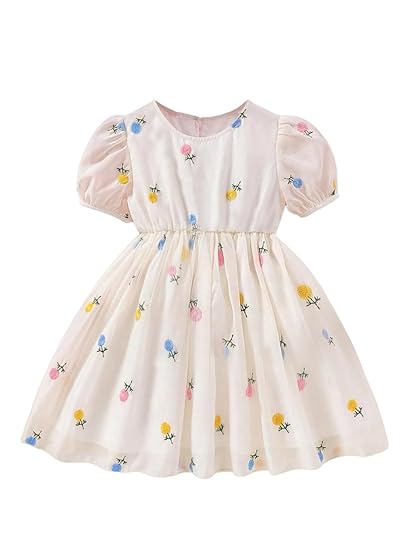 TAGAS Girls Swiss Dot Floral Print Dress Sleeve Less Round Neck Elastic Waist Dress for Girls(KD-399) Clothing Dresses