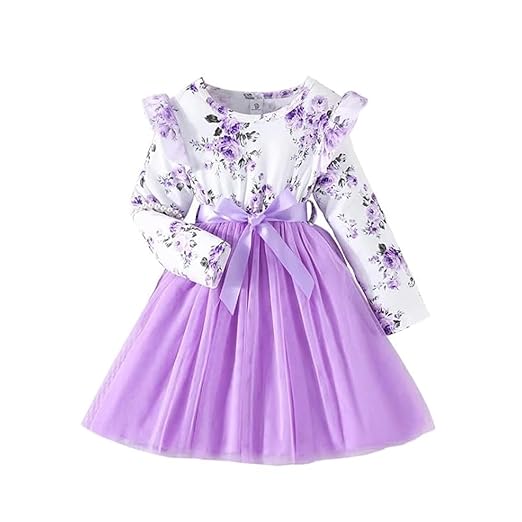 Niren Enterprise 1019 Long Sleeve Printed Flower Belted Square Neck Baby Girl Frock with Knee-Length and A-Line Style Clothing Dresses