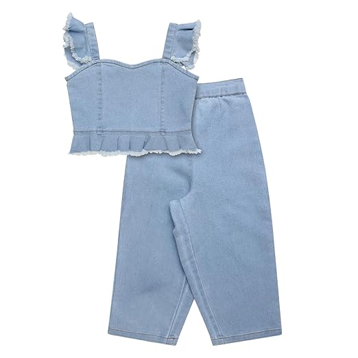 superminis Girl's Denim Solid Top And Trouser Co-Ords Set Dress Clothing Dresses