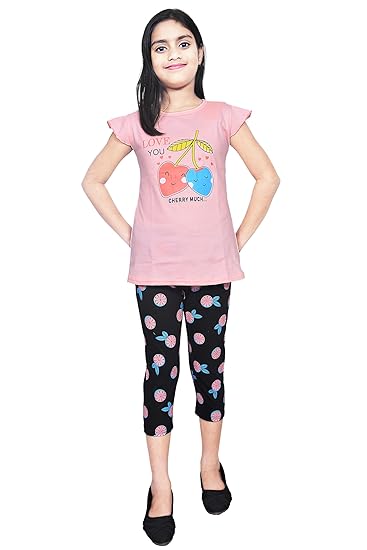 COLOURSHOP 100% Cotton Casual Printed Top & Capri Set Night Dress/Homewear for Kids Girls (Light Pink with Black) Clothing Dresses
