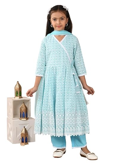Girls' Chikankari Kurti Embroidered Anarkali Gown Dress, 3/4 Sleeves Clothing Dresses