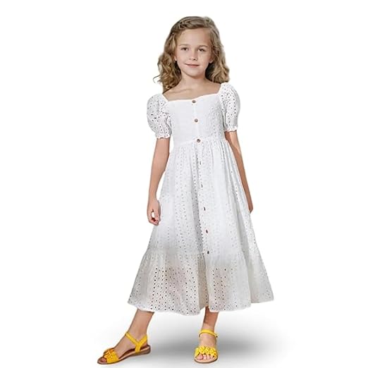Niren Enterprise Girl's Fit And Flare Knee Length Eyelet Cotton Square Neck Puff Sleeves Dress Clothing Dresses
